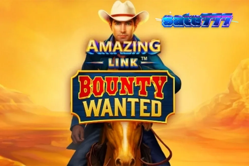 Tampilan visual slot Amazing Link Bounty Wanted dengan latar belakang gurun dan simbol koboi.